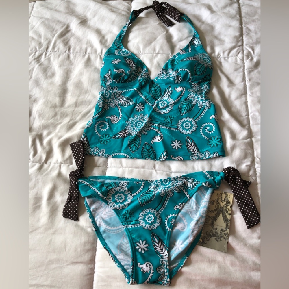 NWT Teal Floral Halter Tankini Set with Polka Dot Ties size 6